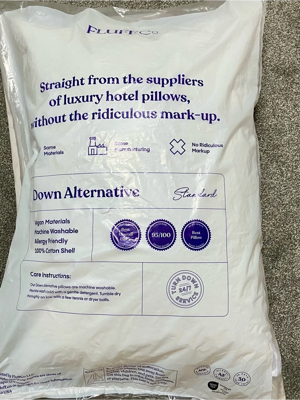 NEW FluffCo White Hotel Down Alternative Soft Bed Pillow Standard Size